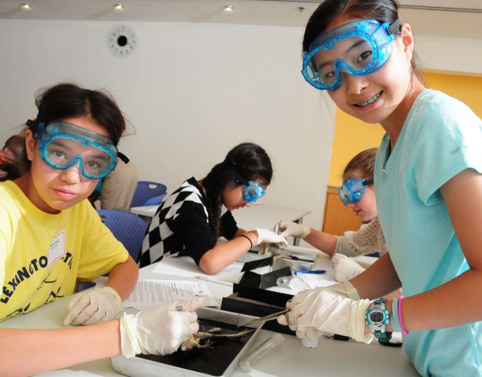Students wearing googles and gloves dissecting a frog.
